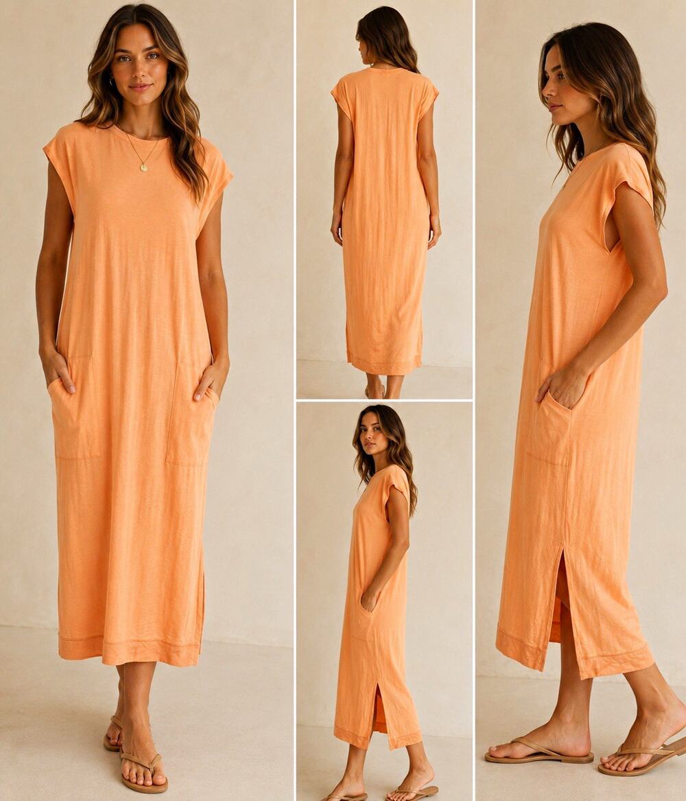 FP Beach Free People Peach Solid Midi Tee Dress Crew Cap Sleeve Pockets Slit M